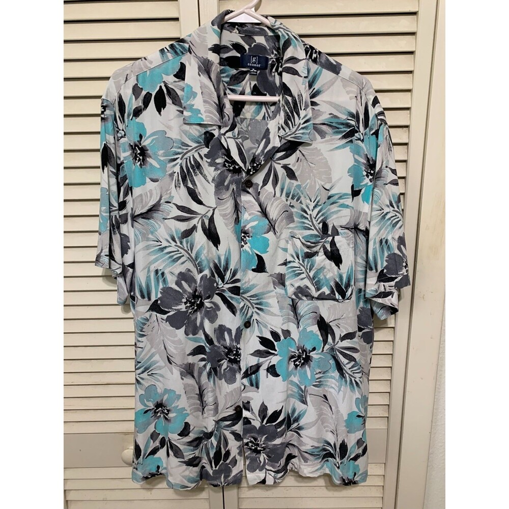 George Mens XL 46-48 Tropical Floral Hawaiian Button Down Shirt Blue White Gray